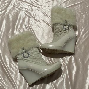 Guess White Fur-Trimmed Wedge Boots
